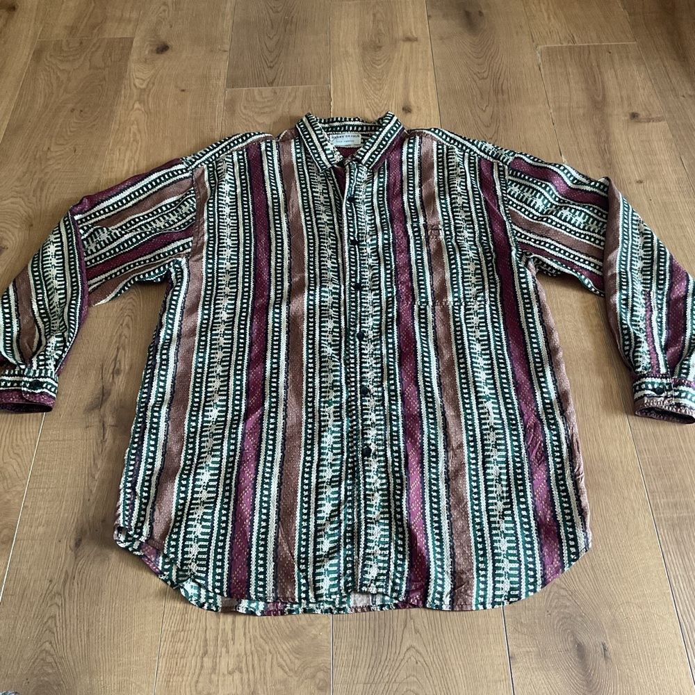 Henry Design 100% Silk Vintage Striped Dress Shirt Large Green Brown Red L Shirt